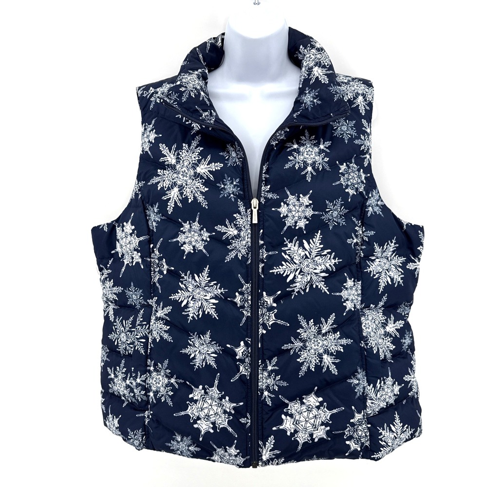 Lands' End Women's XL Quilted Down Snowflake Puffer Vest Navy White Winter